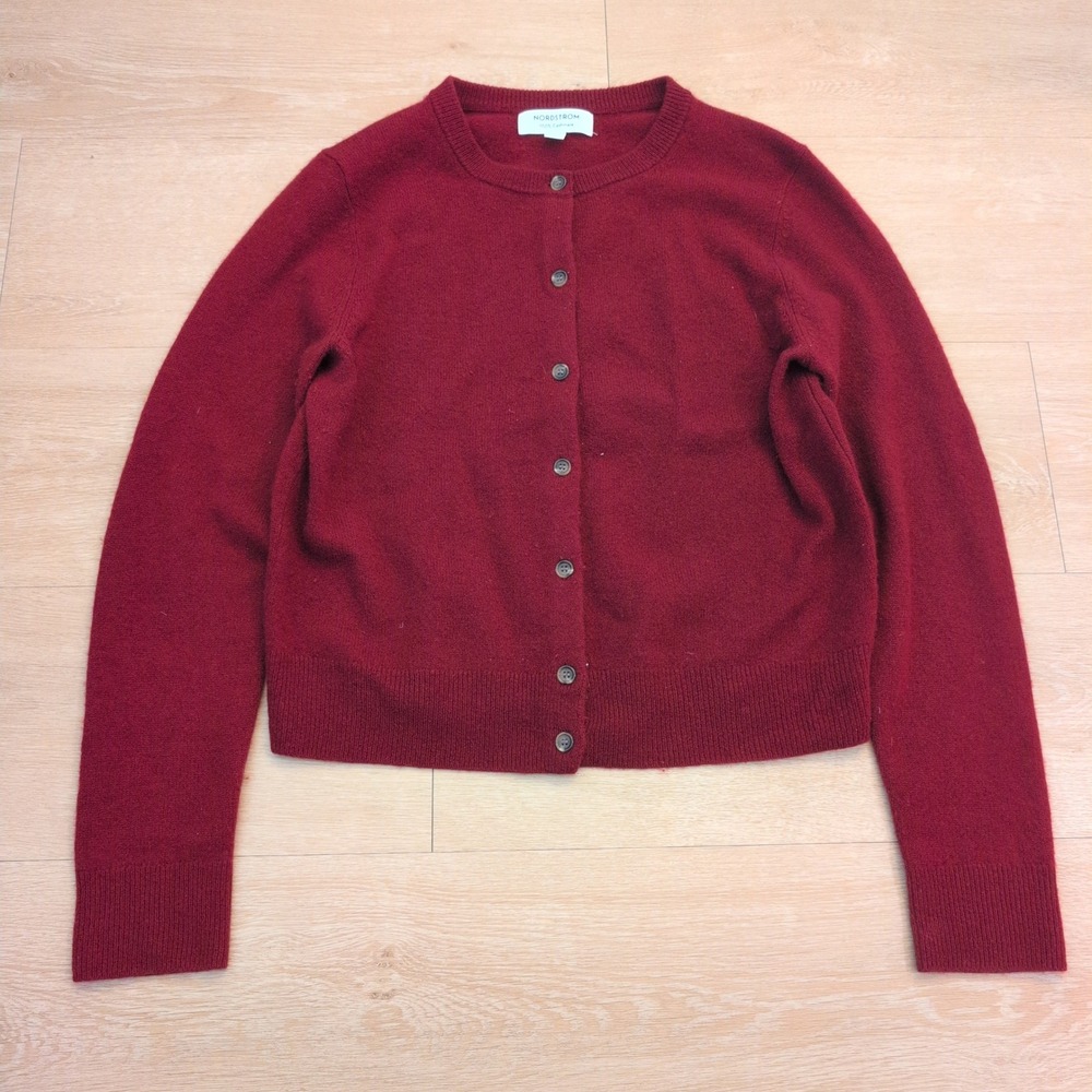 Nordstrom Women Small 100% Cashmere Cardigan Sweater Burgundy Red Button Up - Picture 1 of 6